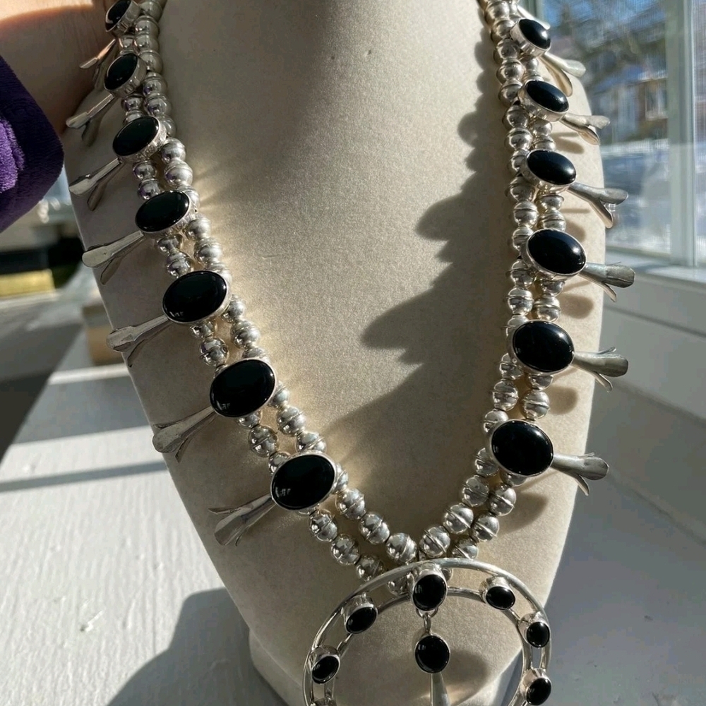Sterling Silver Black Onyx Bead Squash Blossom Necklace
